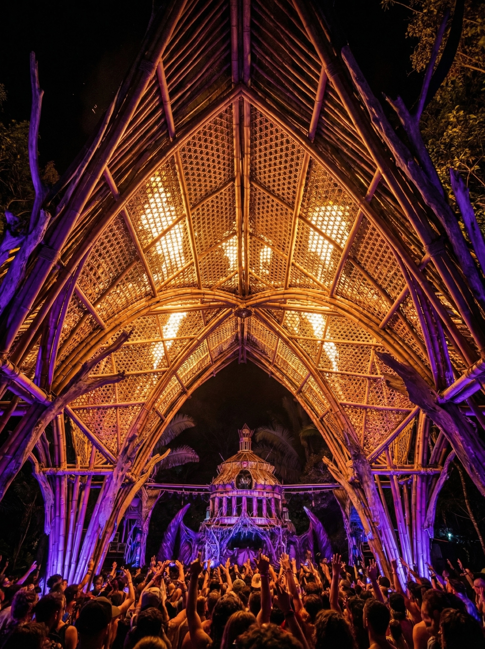 Bamboo arch with woven rattan panels glowing with light