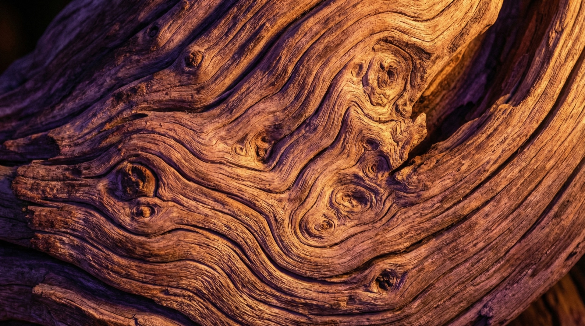 Hand-carved driftwood catching warm firelight